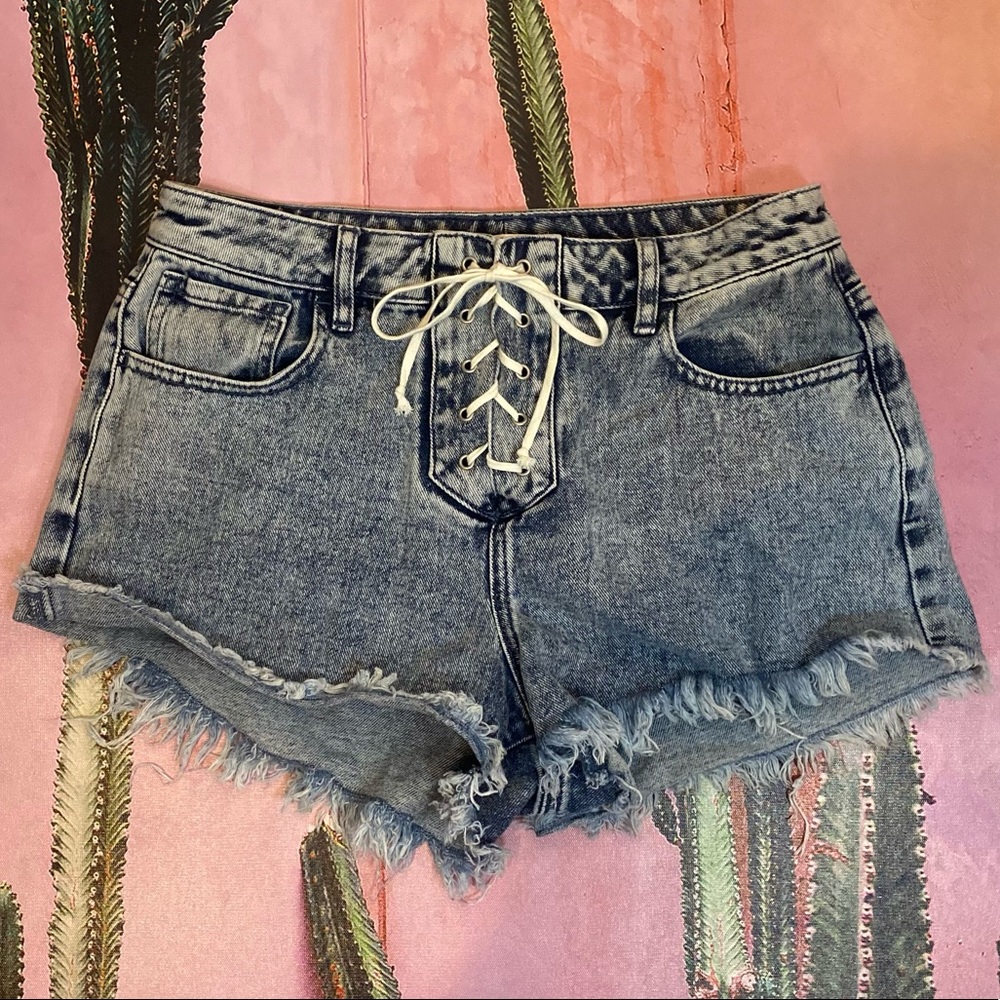 Lace up front High Rise Festival denim shorts